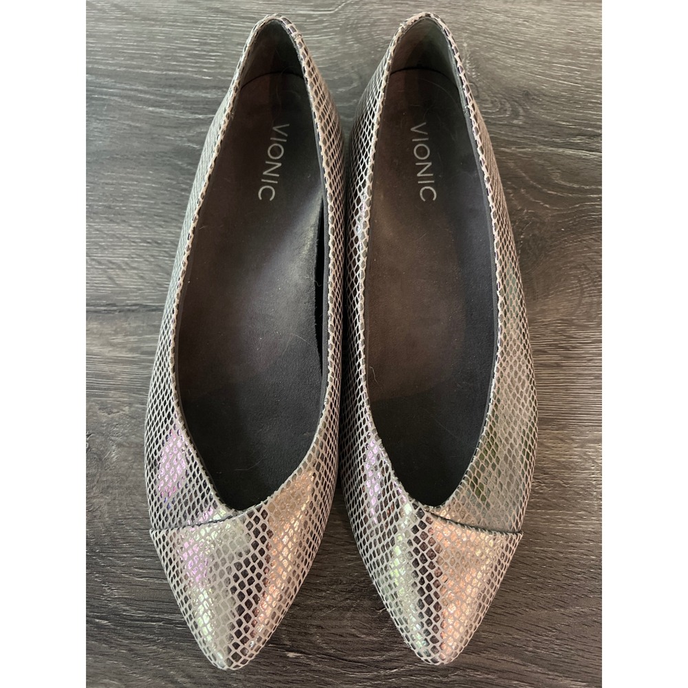 Vionic Caballo Silver Iridescent Snakeskin Leather Pointed Toe Flats Womens 10